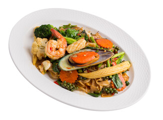 Drunkard's Stir-fried Seafood with Shrimp, Squid and Mussels and Spicy Sauce isolated on a transparent background.