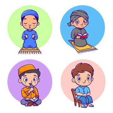Muslim boy cartoon mascot character in four different pose