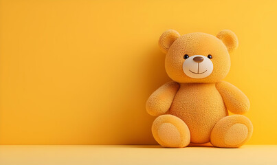 Adorable Little Teddy Bear Sitting on Bright Yellow Background