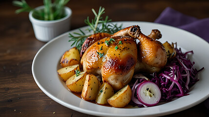 A plate featuring roasted chicken legs, golden potatoes