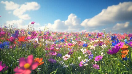 Colorful wildflowers bloom in sunny meadow, blue sky background; spring nature scene