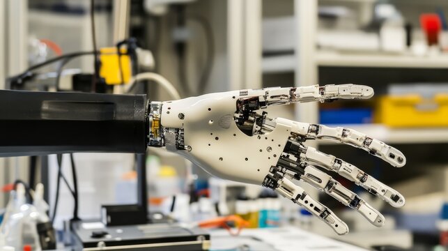 A bionic hand demonstrating precise movements in a robotics lab, cybernetic prosthetics, sterile high-tech workspace