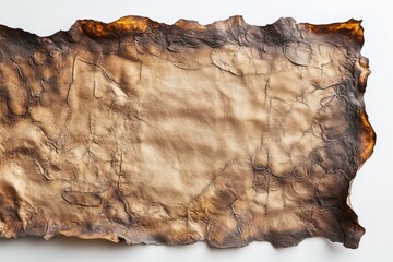 Aged, charred parchment.  Partially burned, textured document, light brown and dark brown tones.  Irregular edges