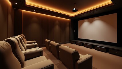 A contemporary home theater setup with luxurious seating, a wide screen, and mood lighting, ideal for entertainment