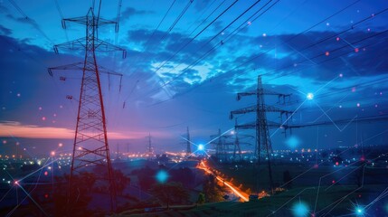 Electric Power Lines at Dusk with a Technological Glow