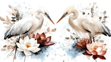 Obraz premium Two graceful white storks standing amidst vibrant lotus flowers their reflections mirrored in the tranquil water below creating a serene and harmonious natural scene