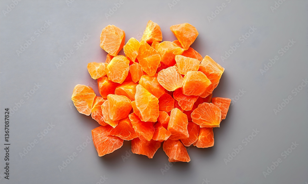 Poster sliced carrots arranged in a neat pile on a gray background