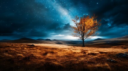 Fototapeta premium Solitude in a vast field a tent at dusk captured in stunning landscape photography