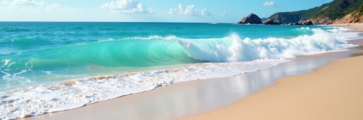 Serene ocean waves crash on sandy shore, serenity, waves