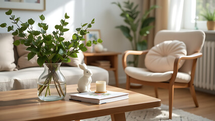 A bright spring living room interior with a wooden coffee table, a glass vase filled with fresh green leaves, a charming white bunny easter decoration
