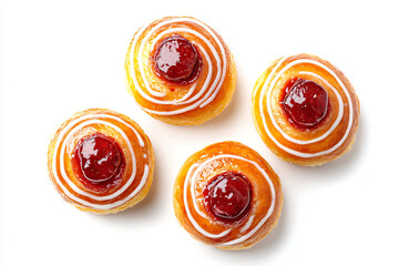 a group of pastries with icing and jelly on them