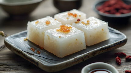 Delightful Traditional Sweet Osmanthus Rice Cake with Glutinous Flour and Toppings on Rustic Plate