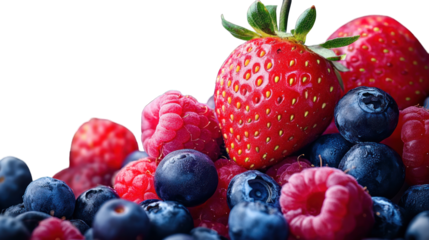 A handful of mixed berries including strawberries, raspberries, and blueberries on a transparent background