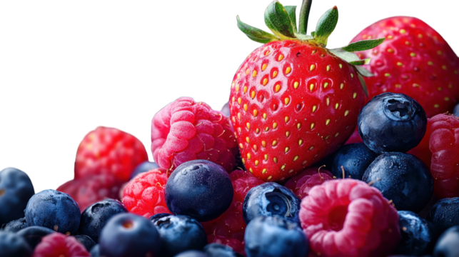 A handful of mixed berries including strawberries, raspberries, and blueberries on a transparent background - Powered by Adobe