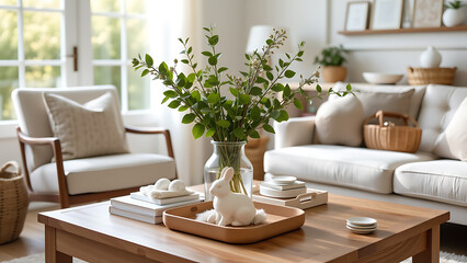 A bright and inviting spring living room interior featuring a wooden coffee table adorned with a glass vase filled with fresh green leaves and a small white bunny figurine as an Easter centerpiece