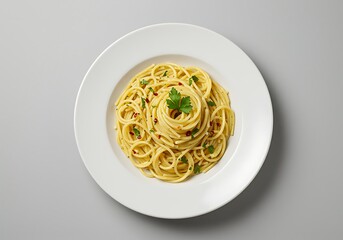 Spaghetti Served on White Plate with Parsley and Chili Flakes