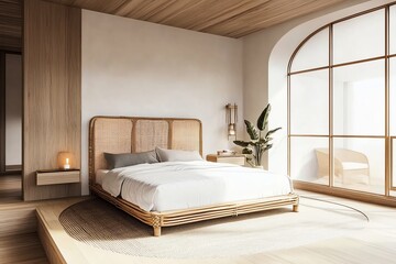 Relaxing Bedroom Interior with Rattan Bed Frame and Minimalist Design