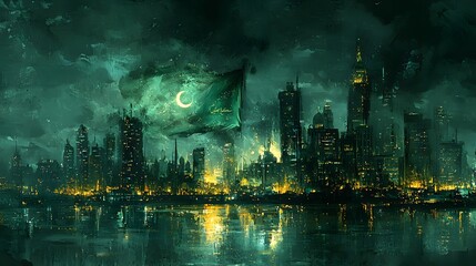 Night city skyline, crescent flag, stormy sky
