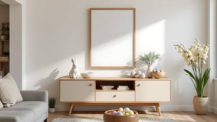 A charming Easter themed living room showcasing a mock up poster frame as the focal point, complemented by a modern sideboard adorned with seasonal decor such as an Easter bunny figurine