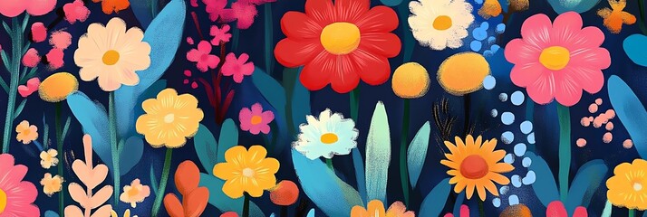 Colorful Floral Pattern Illustration with Painted Flowers and Leaves Design