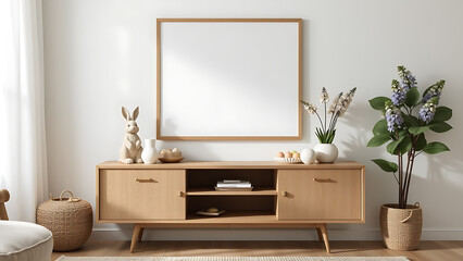 An inviting Easter living room setup with a mock up poster frame positioned above a contemporary sideboard, styled with festive decor including an Easter bunny figurine, blooming hyacinths