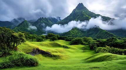 Obraz premium Captivating volcano photography a foggy morning adventure in misty landscapes
