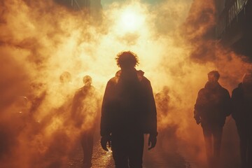 Obraz premium Friends Wander Through Smoky Haze During an Outdoor Gathering at Sunset