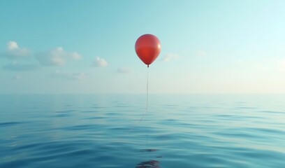 Solitary red balloon floats gently on calm ocean water under soft morning light. AI Generated