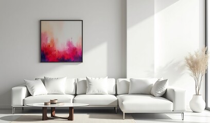 Serene minimalist living room features vibrant abstract artwork bathed in soft sunlight. AI Generated