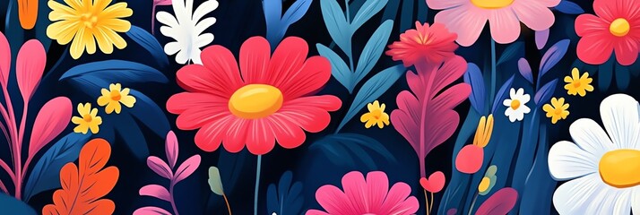 Vibrant Floral Garden Illustration with Colorful Flowers and Dark Background