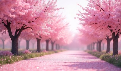 Naklejka premium Serene pink blossoms softly illuminate a tranquil path. AI Generated