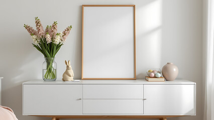A cozy easter living room interior with a mock up poster frame on a sleek sideboard, a charming easter bunny figurine, a glass vase of blooming hyacinth flowers