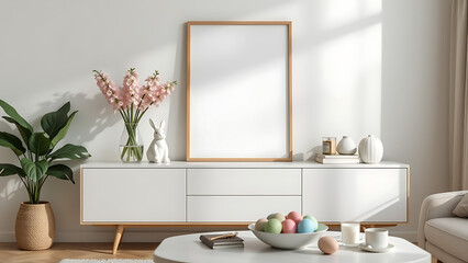 A cozy easter living room interior with a mock up poster frame on a sleek sideboard, a charming easter bunny figurine, a glass vase of blooming hyacinth flowers