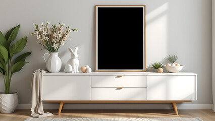 A festive easter living room interior featuring a mock up poster frame on a modern sideboard, a white easter bunny statue, a tall vase of fresh hyacinth flowers, a stylish bowl with decorative eggs