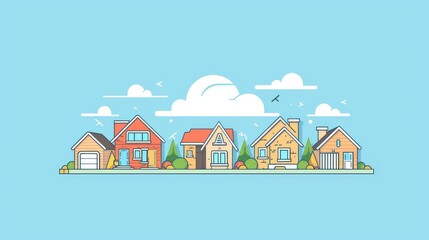 Charming Illustrated Neighborhood Featuring Diverse House Styles and Lush Landscaping