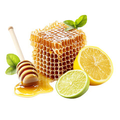 Artisanal raw honeycomb Fresh honeycomb with lemon slices and mint leaves in a bright presentation.