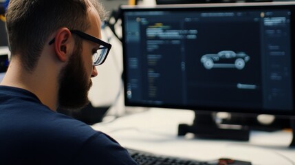 A developer programming an autonomous vehicle system, engineering lab background with vehicle parts and code, Auto-tech style