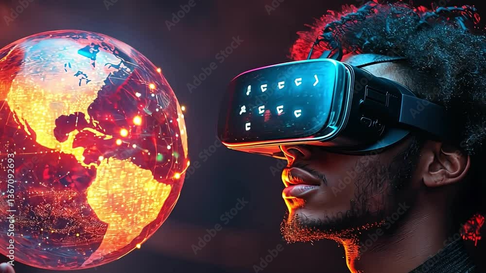 Poster immersive virtual reality technology interaction with glowing globe through headset experience