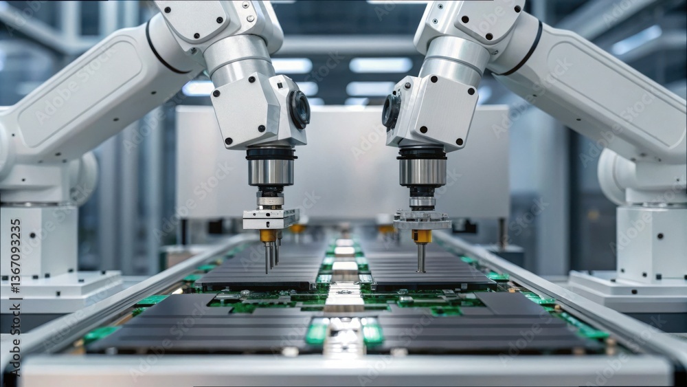 Poster robotic arms assembling circuit boards in high-tech environment