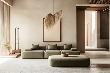 Modern Living Room Interior with Olive Green Sofa and Minimalist Decor