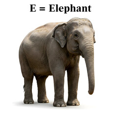 E for Elephant: A shot of a cat with black text 'E For Elephant, perfect for early learning and alphabet activities. page for kids to enjoy., alphabet E