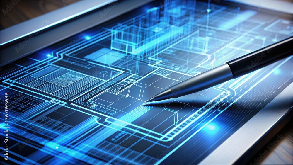 Poster Digital Blueprint Creation with Pen on High-Resolution Screen