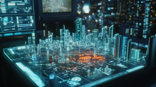 A digital twin simulation of a futuristic city displayed in a high tech control room, real-time AI-powered urban planning interface, glowing holographic infrastructure
