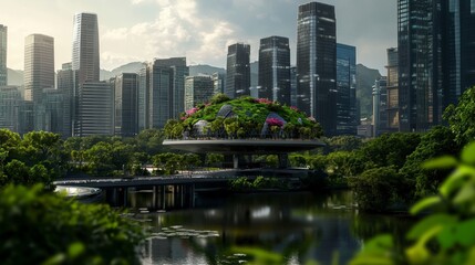 Fototapeta premium A futuristic eco-city concept showcasing a lush green dome structure led amongst modern skyscrapers and tranquil waters reflecting a sustainable urban landscape ideal for
