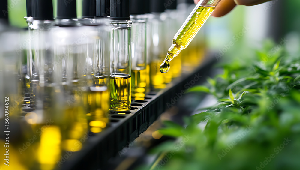 Poster cbd oil extraction process with lab test tubes and dropper for analysis use