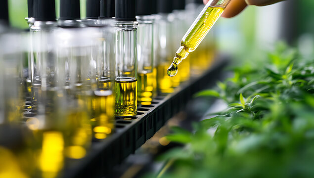 Cbd oil extraction process with lab test tubes and dropper for analysis use