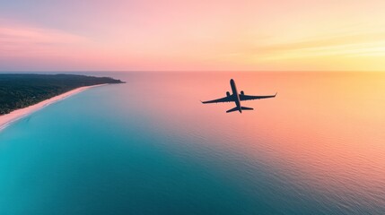 aerial view of airplane over vivid coastline, turquoise sea and white sand beach with lush greenery