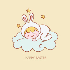 Sleeping kid in bunny costume on cloud pastel Easter nursery clipart doodle hand drawn outline