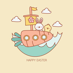 Easter bunny and chick on carrot ship pastel kawaii nursery clipart doodle hand drawn outline
