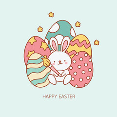 Kawaii bunny painting Easter eggs pastel nursery clipart doodle hand drawn outline art
